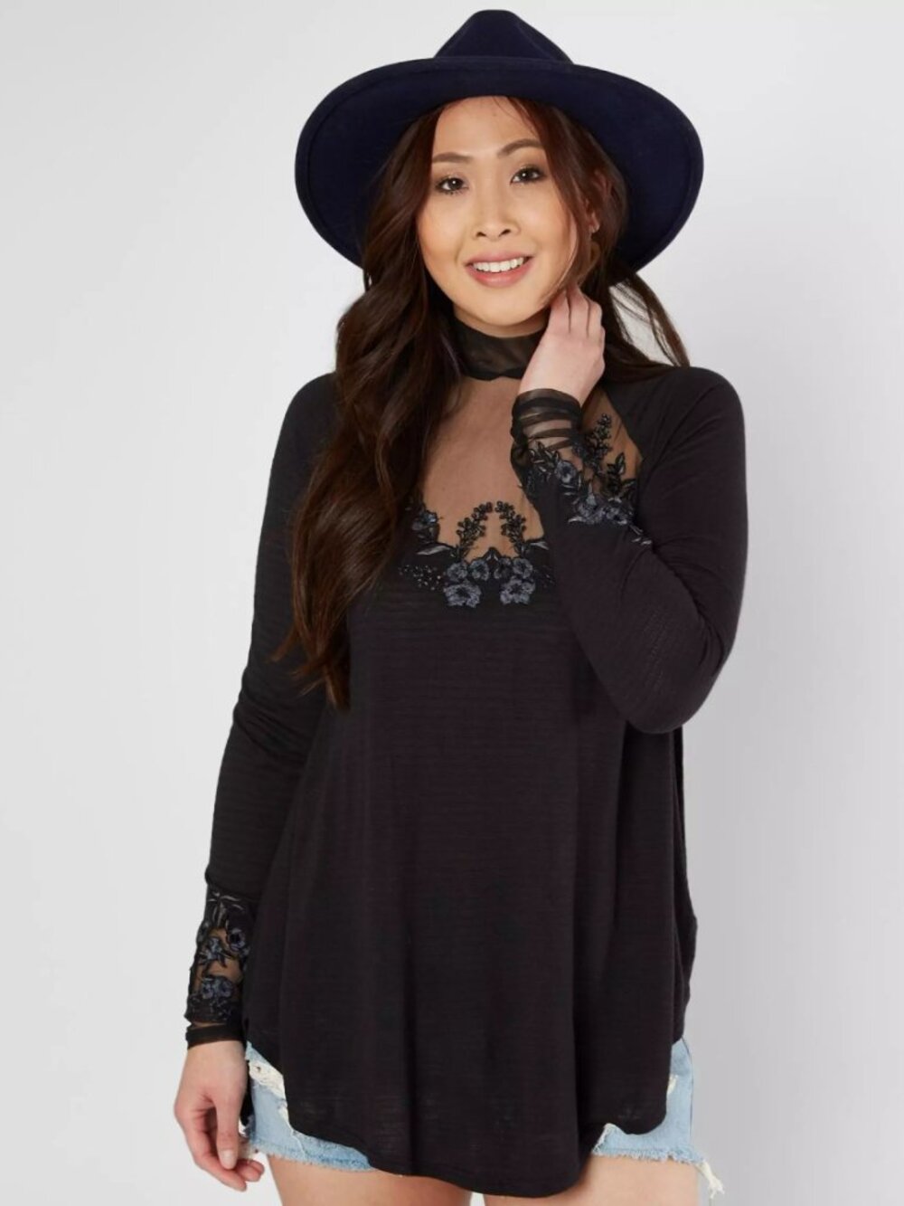 FP Saheli black embroidered mesh tunic top